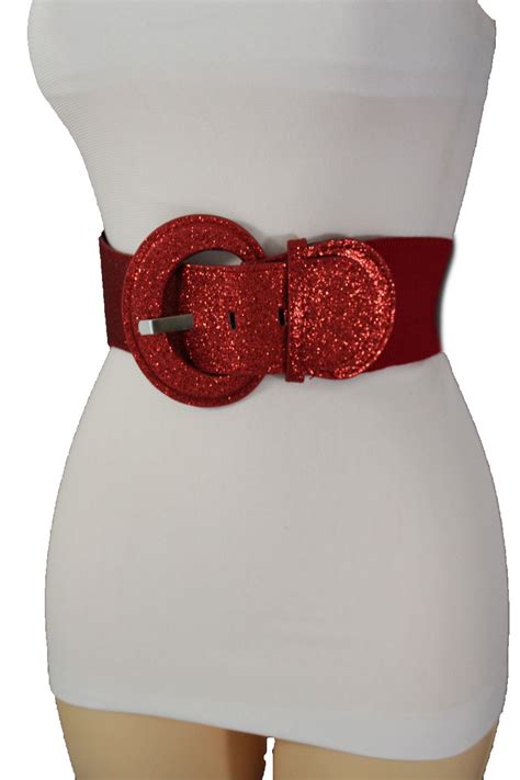 Women Elastic Fabric Hip Waist Wide Fashion Belt Sparkling Glitter Red