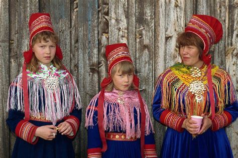 Portrait Of Sami Girls And Woman Lapps In Traditional Costume For