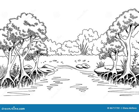 Jungle Forest River Graphic Black White Landscape Sketch Illustration