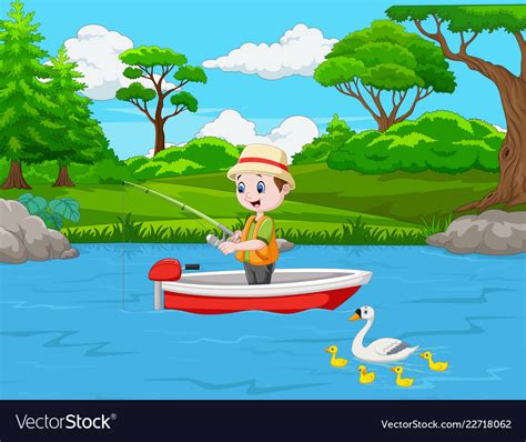 Cartoon Boy Fishing On A Boat Royalty Free Vector Image