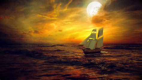 Wallpaper Ship Sunset Sea View Birds Moon Clouds Sailing Red