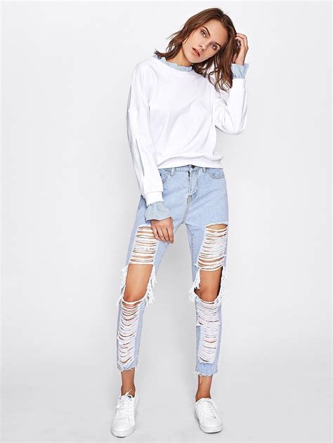 Extreme Distressing Ripped Knees Boyfriend Jeans Shein Uk