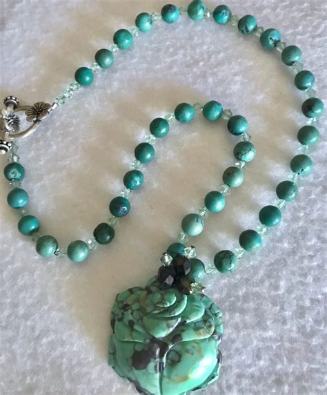 Turquoise And Crystal Necklace With Beautiful Carved Turquoise Etsy