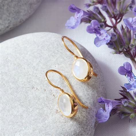 Moonstone Oval Gold Plated Silver Short Drop Earrings By Rochejewels