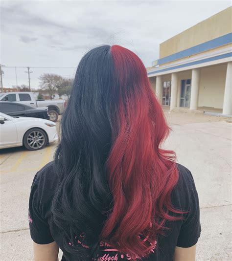 Half And Half Hair Color Red And Black Hair Red Hair Color Cool Hair Color