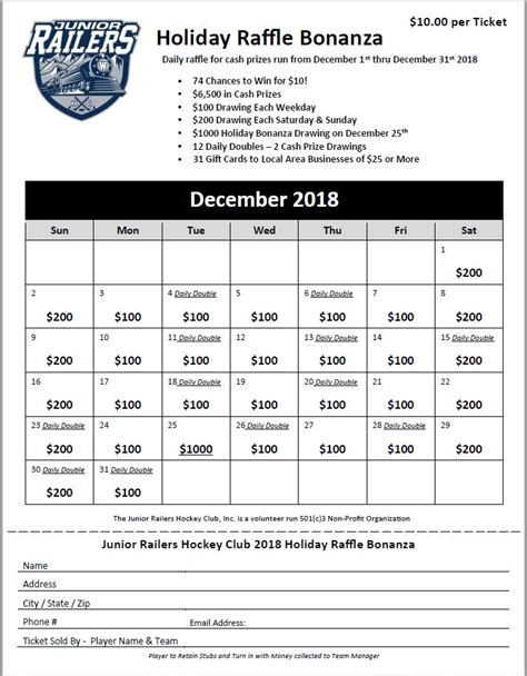 Calendar Raffle Ticket Junior Railers Hockey Club