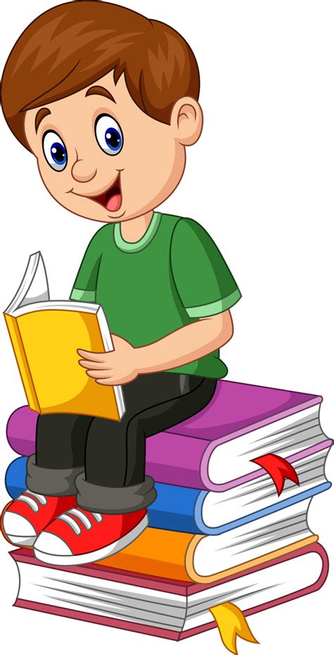 Cartoon Little Boy Sitting And Holding A Book On A Pile Of Books