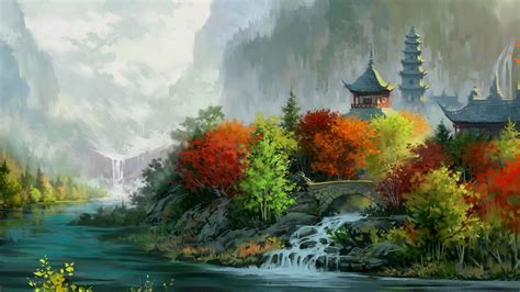 1096473 Trees Landscape Painting Forest Fall Leaves Mountains