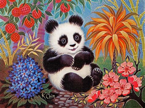 Vintage K Chin Animal Print 2 Panda Art Cross Paintings Panda Bear