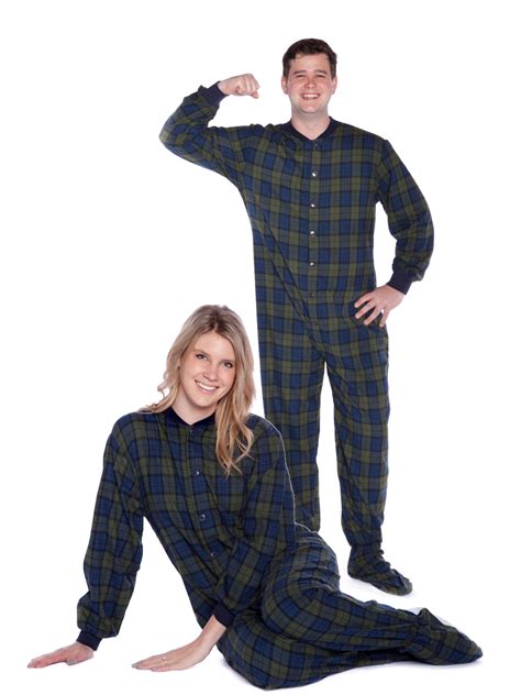 Navy Blue And Green Plaid Lightweight Cotton Flannel Adult Footed Onesie Pajamas For Men And Women
