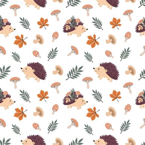 Premium Vector Seamless Pattern With Cute Hedgehogs And Mushrooms On