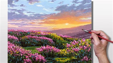 Acrylic Painting Sunset Flower Field Youtube Sunset Landscape