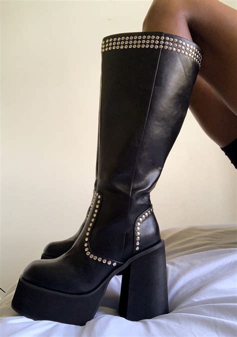 Delias Studded Platform Knee High Boots Black Dolls Kill