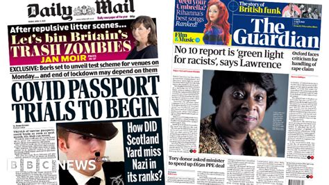 Newspaper Headlines Covid Passports And Green Light For Racists