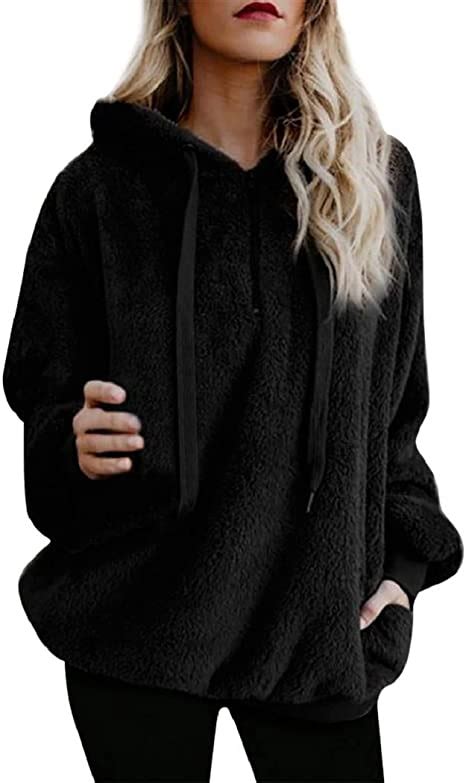 Women Hoodiesteddy Bear Hooded Drawstring Pullover Faux Fleece