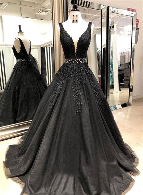 black lace applique prom dress v neck beaded waist tulle evening dress black formal gowns on