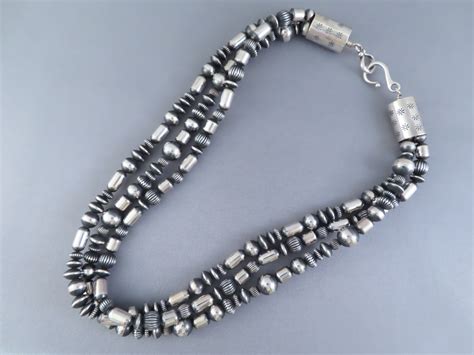 Oxidized Sterling Silver Bead Necklace 3 Strands Navajo Jewelry