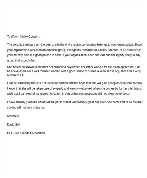 Sorority Letter Of Recommendation Template