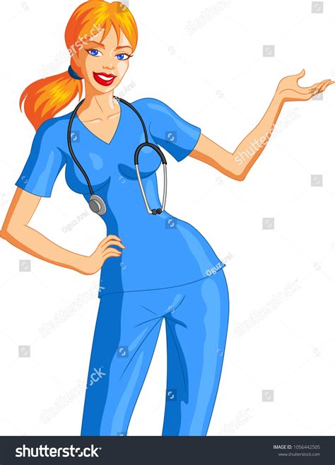 Vector Illustration Beautiful Blonde Nurse Pointing Stock Vector Royalty Free 1056442505