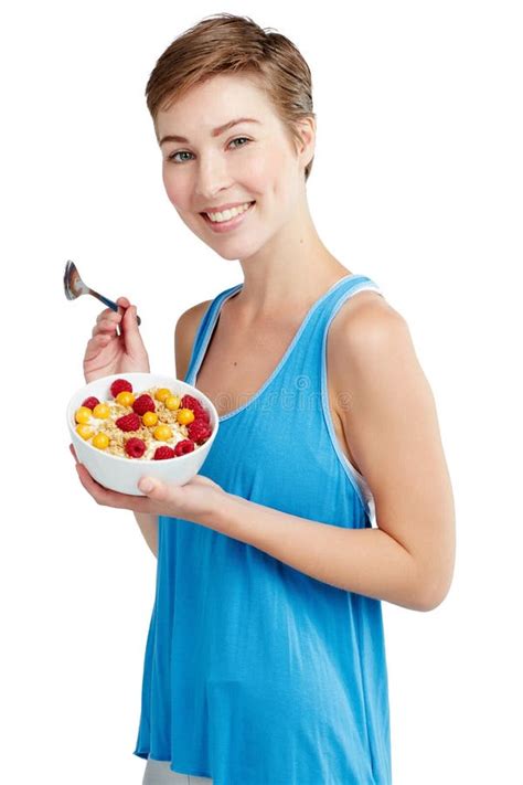 Breakfast Fruit And Portrait Of A Woman In Studio Eating Snack Meal