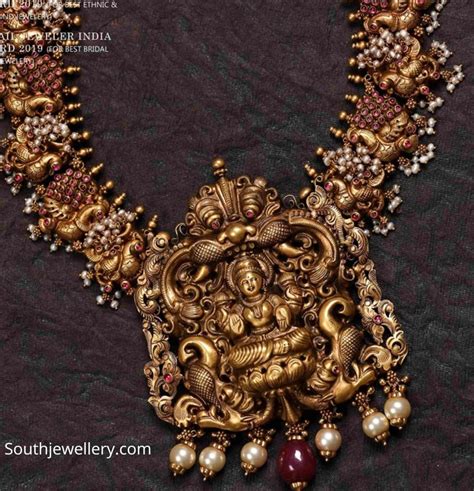 Antique Gold Peacock Necklace With Lakshmi Pendant