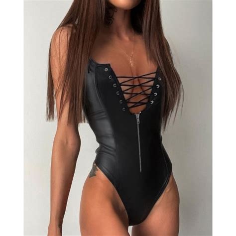 Pu Leather Plunge Sleeveless Bodysuit Femme Sexy Solid V Neck Black Stripped Pu Leather Plunge