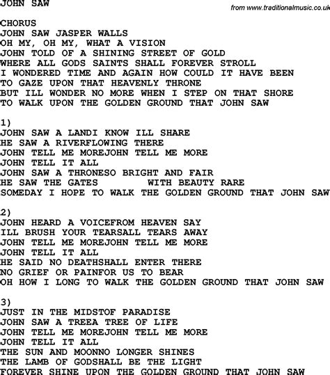 Country Southern And Bluegrass Gospel Song John Saw Lyrics