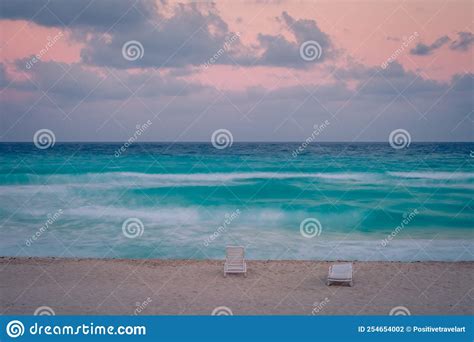 Cancun Idyllic Caribbean Beach At Sunset Riviera Maya Mexico Stock