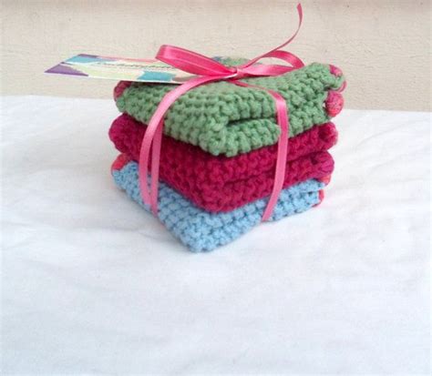 Hand Knit Washcloths Set Of 3 Knitted With Crocheted Edging Etsy