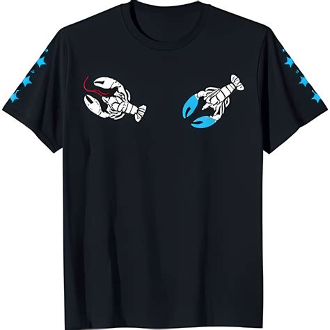 Black T-Shirt with White and Blue Lobsters Facing Opposite Directions