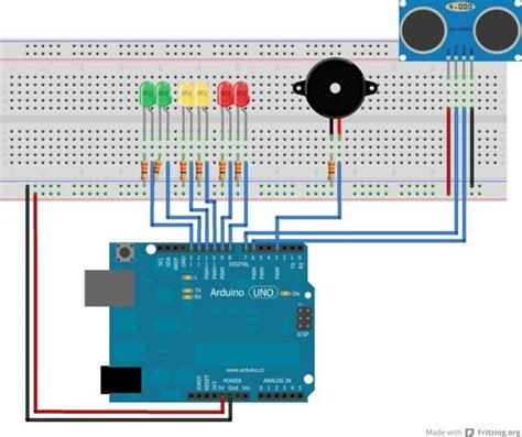 Arduino Distance Detector With A Buzzer And Leds Arduino Arduino Projects Arduino Programming