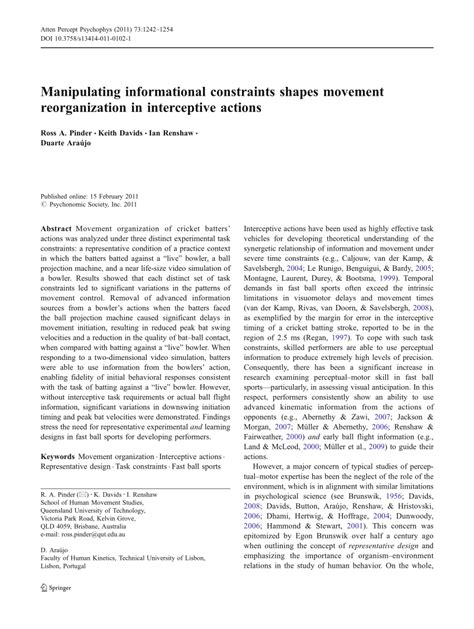 Pdf Manipulating Informational Constraints Shapes Movement