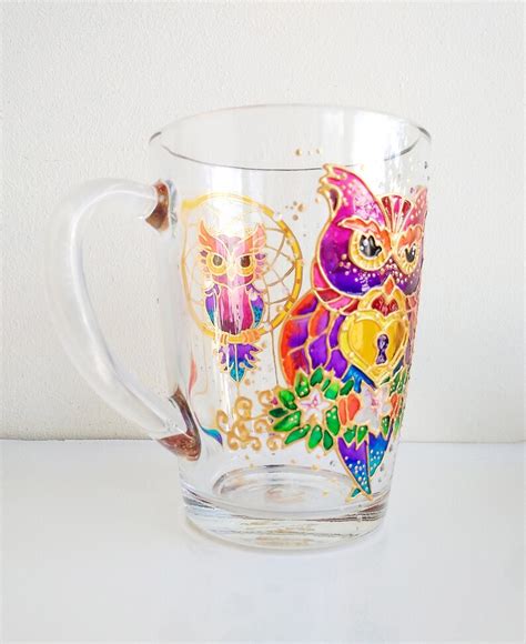 Colored Owls Mug Glass Owl Coffee Cup For Her Fantasy Birds Etsy