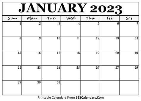 Printable January 2023 Calendar Templates