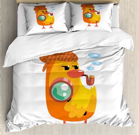 Cartoon Duvet Cover Set With Pillow Shams Private Detective Duck Print Ebay