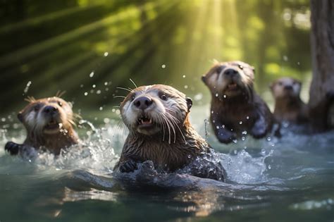 Premium Ai Image Group Playful Otters Swimming In The River