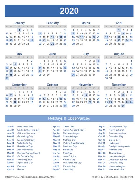 2020 holiday calendar usa free printable. Download a free Printable 2020 Calendar with Holidays from ...