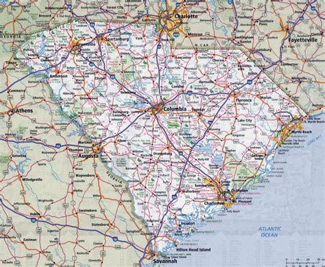Large Detailed Roads And Highways Map Of South Carolina State With All Cities South Carolina