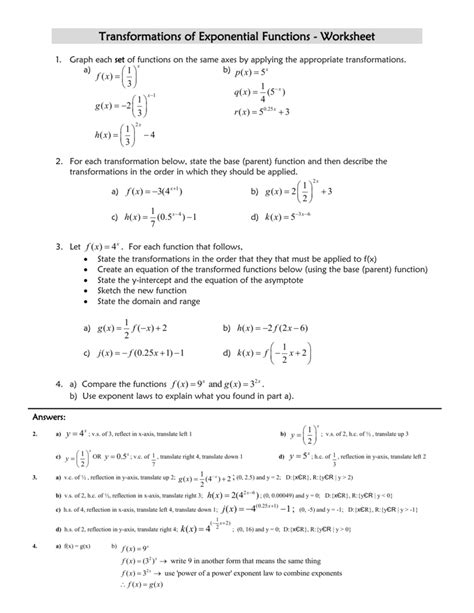 Transformations Of Exponential Functions Worksheet