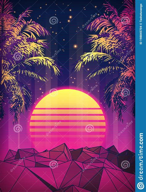 Retro 80s Style Tropical Sunset With Palm Tree Stock Vector