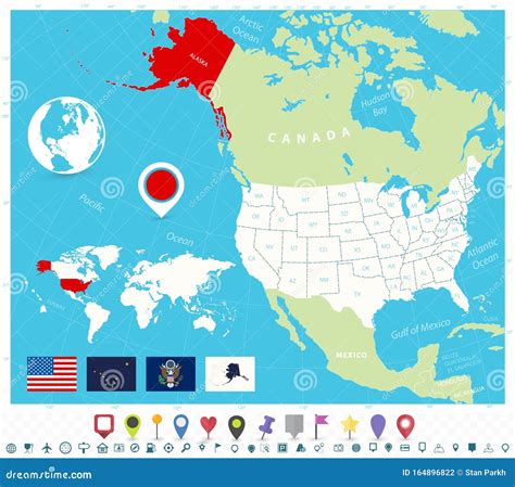 Location Of Alaska On Usa Map With Flags And Map Icons Stock Vector