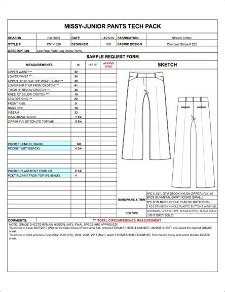 Free Garment Spec Sheet Template Printable Templates