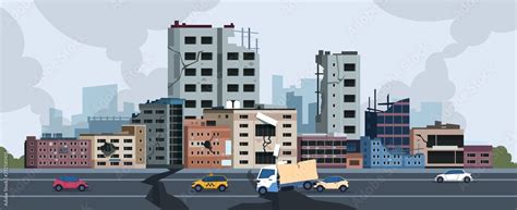 City Earthquake Cartoon Natural Disaster Landscape With Cracks And