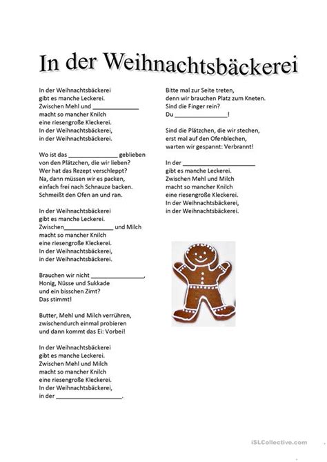 Liedtexte & melodien zum ausdrucken. In der Weihnachtsbäckerei Arbeitsblatt - Kostenlose DAF ...