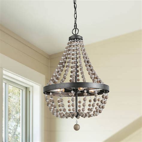 Farmhouse Light Bead Chandelier Lighting Real Wood Beads