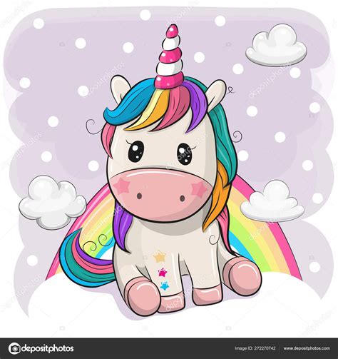 Unicornio De Dibujos Animados Está Sentado En Las Nubes Vector Gráfico