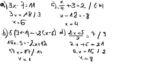 POMOCY!!! ROZWIĄŻ RÓWNANIA : a)3x-7=11 b)5(3x-1)=-2(x-6) c)x/-4 +3=2 d