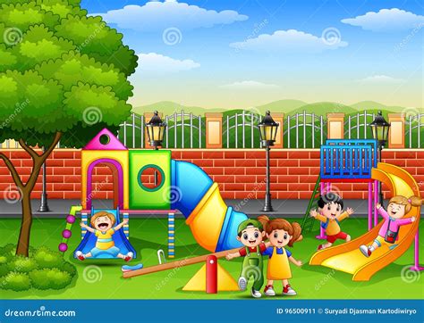 Happy Children Playing In The School Playground Stock Vector