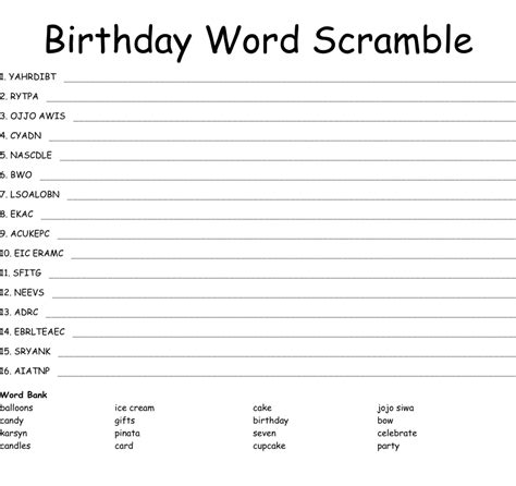 Birthday Word Scramble Wordmint