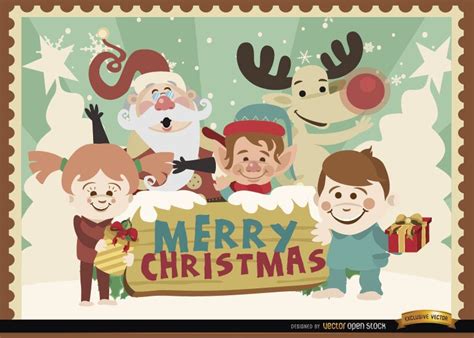 Merry Christmas Cartoon Characters Background Vector Download
